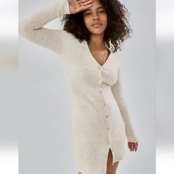 NWT, Aritzia Wilfred, Button Front Mini Cardigan Dress, Heather Gold Camel, L - Picture 15 of 16